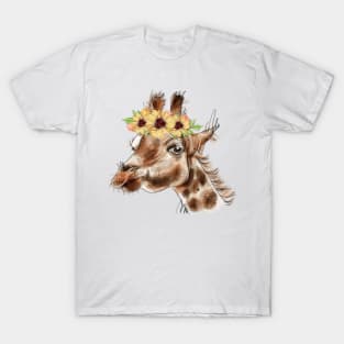 Watercolor giraffe.Giraffe with flowers. T-Shirt